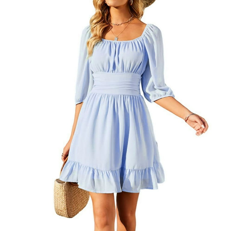 Cethrio Midi Dress- Fashion Summer Casual Solid Square Collar 1/2 Sleeve  Fold Mini Dress Sky Blue - Walmart.com