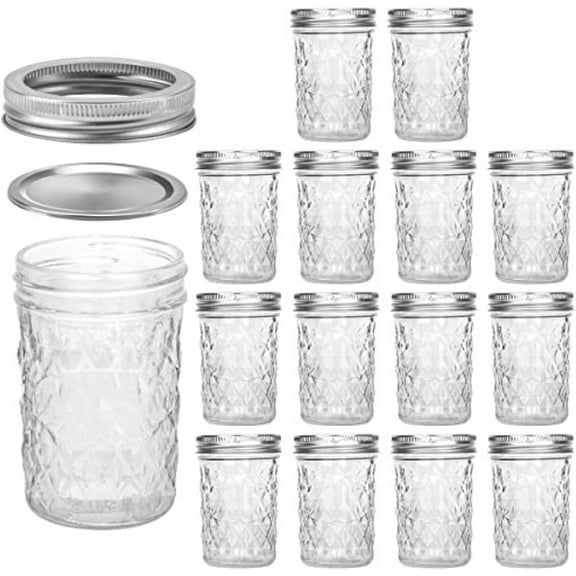 8 oz Mason Jars with Regular Lids, Canning Jars for Jam, Honey, Wedding Favors, Shower Favors, 15 Pack