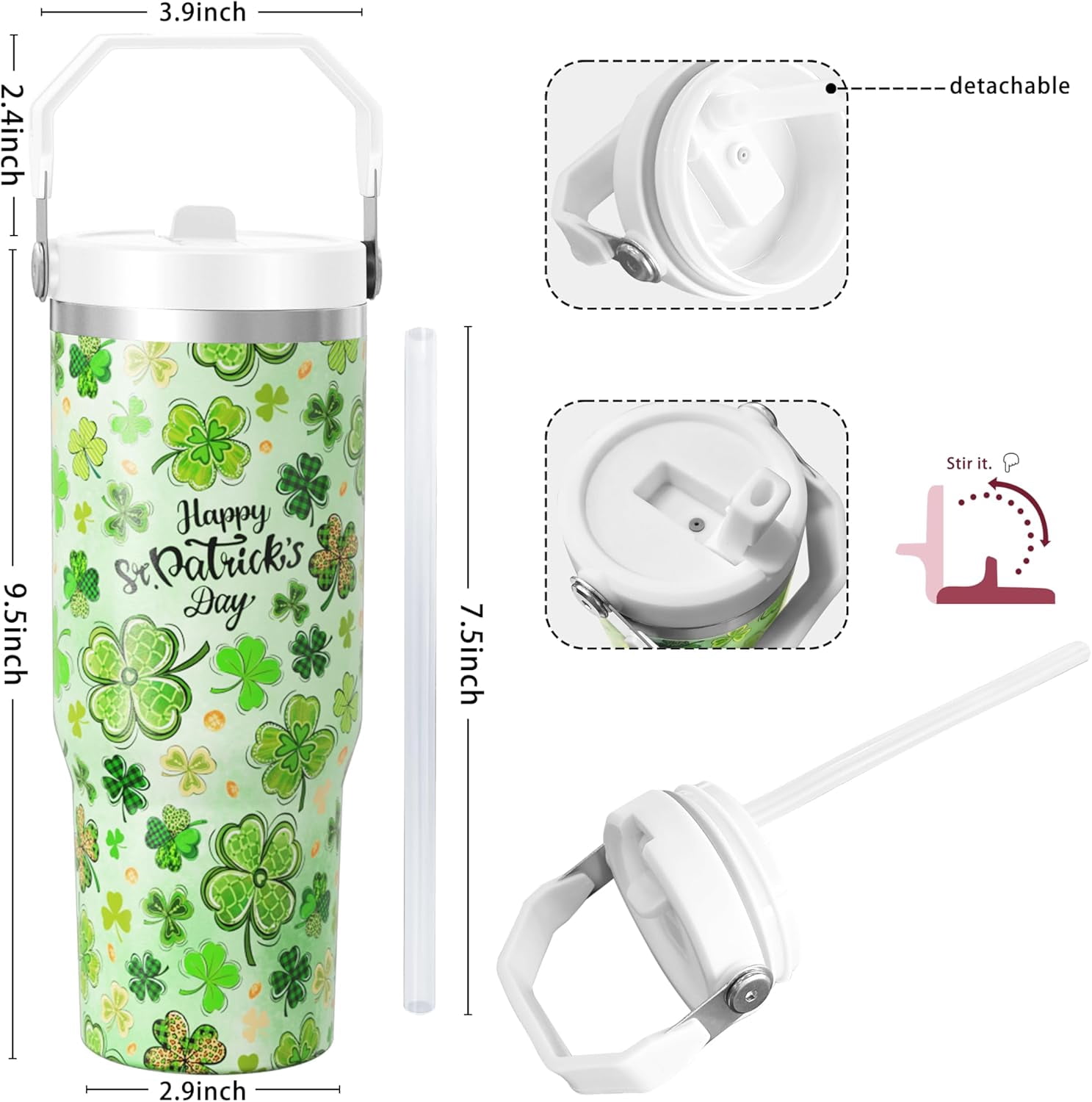 30 oz St. Patricks Day Tumbler with Straw Handle, Happy St. Patricks Day Shamrock Gifts for Women Men, Stainless Steel Insulated Water Bottle Coffee Cups for Home Office Travel