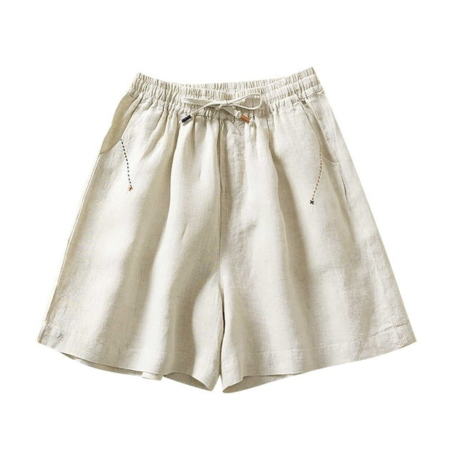Timegard Womens Shorts Cotton Linen Elastic Waist Wide Leg Loose Casual Solid Color Shorts with Pockets