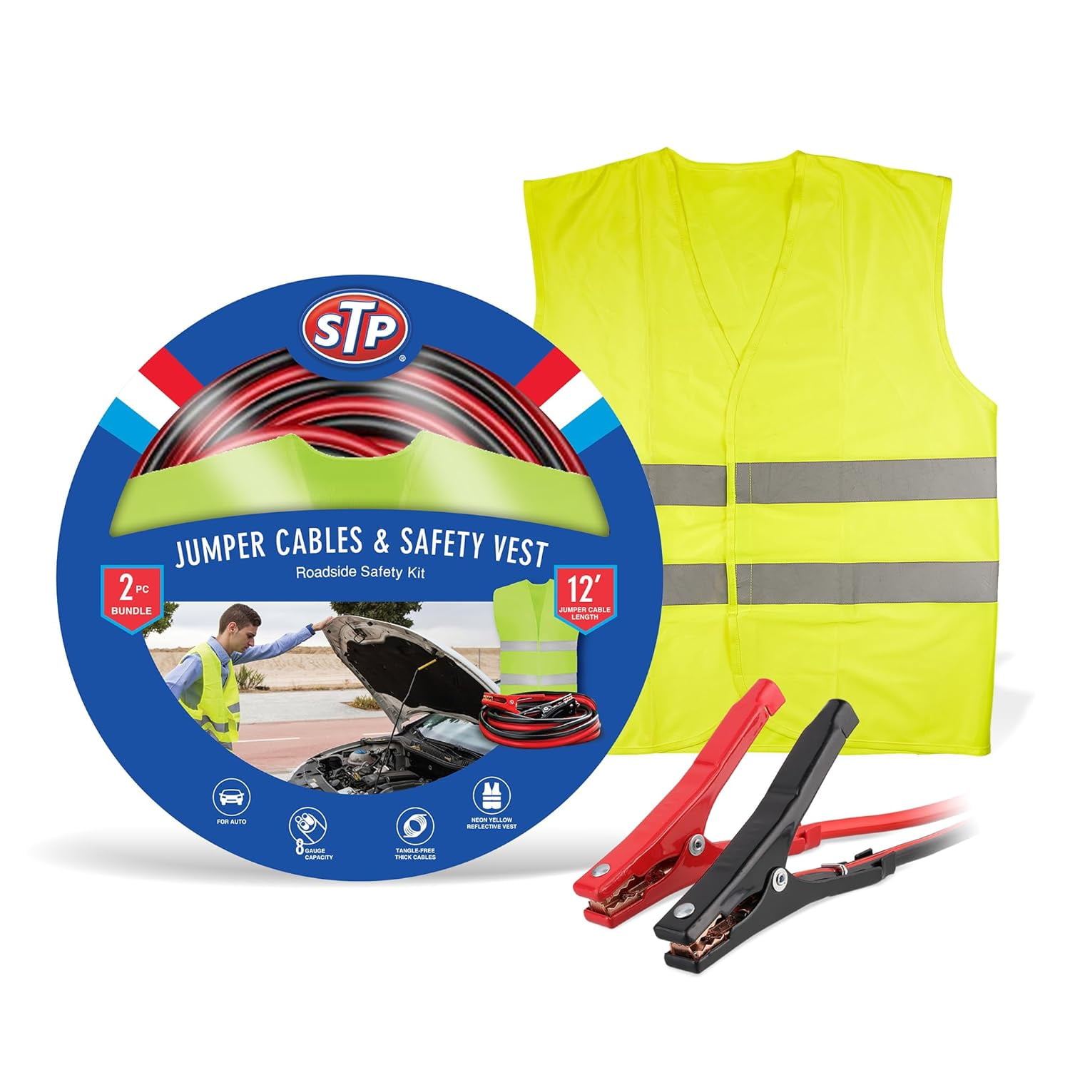 STP Jumper Cables for Car & Reflective Safety Vest Kit, 12-Foot 8-Guage Heavy Duty Jumper Cables to Jump Star Dead Batteries in Cars Trucks & SUVs, Automotive Booster, Professional Vehicle Safety Kit