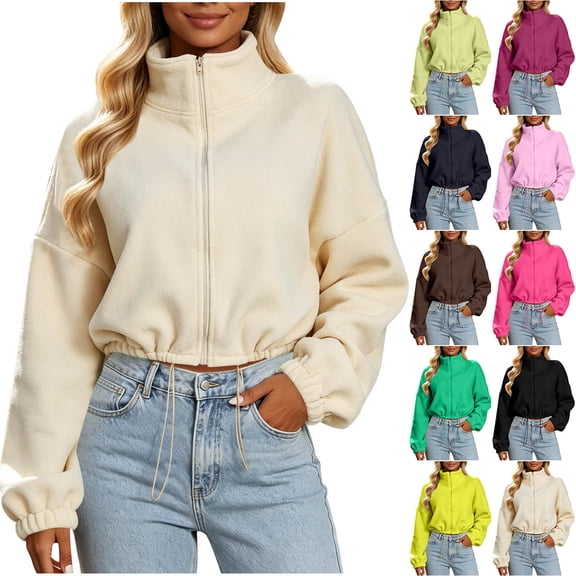 Stand Collar Cropped Jacket For Women, Zip Up Long Sleeve Drawstring Hem Coat, Teen Fall Winter Fashion Casual Crop Outerwear S-L