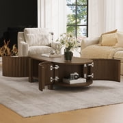 47 Oval Coffee Table with Storage, Mid Century Modern Center Table with 2 Doors, Wood Fluted Tea Table with Open Shelf for Living Room, Walnut