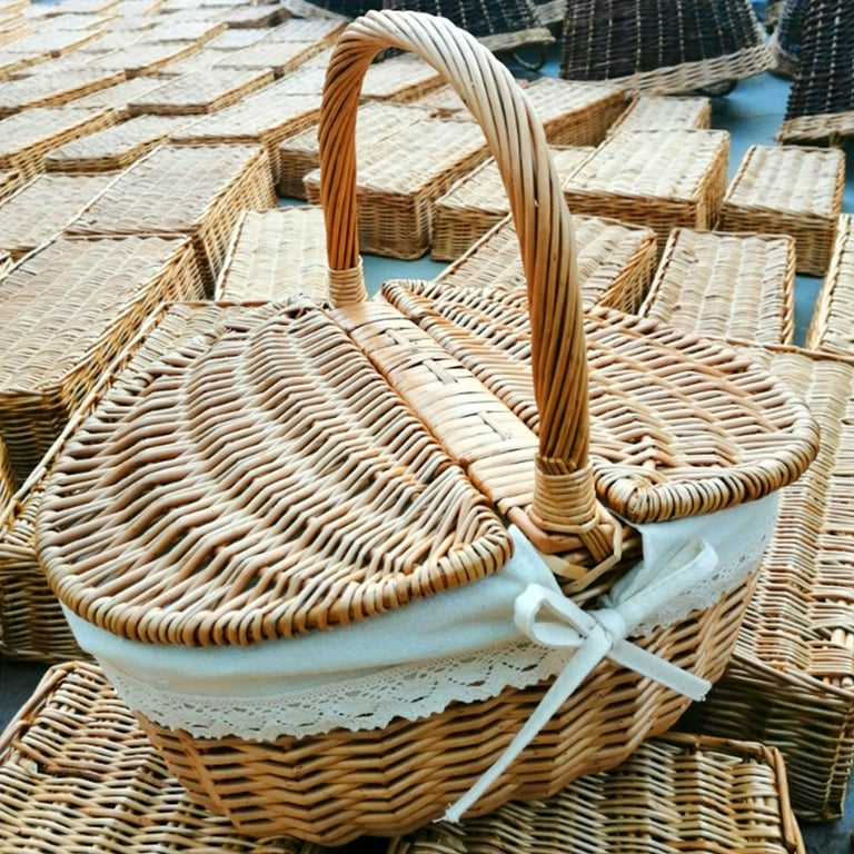 Sardfxul Rattan Picnic Basket with Cloth Handle, Double Lid Food