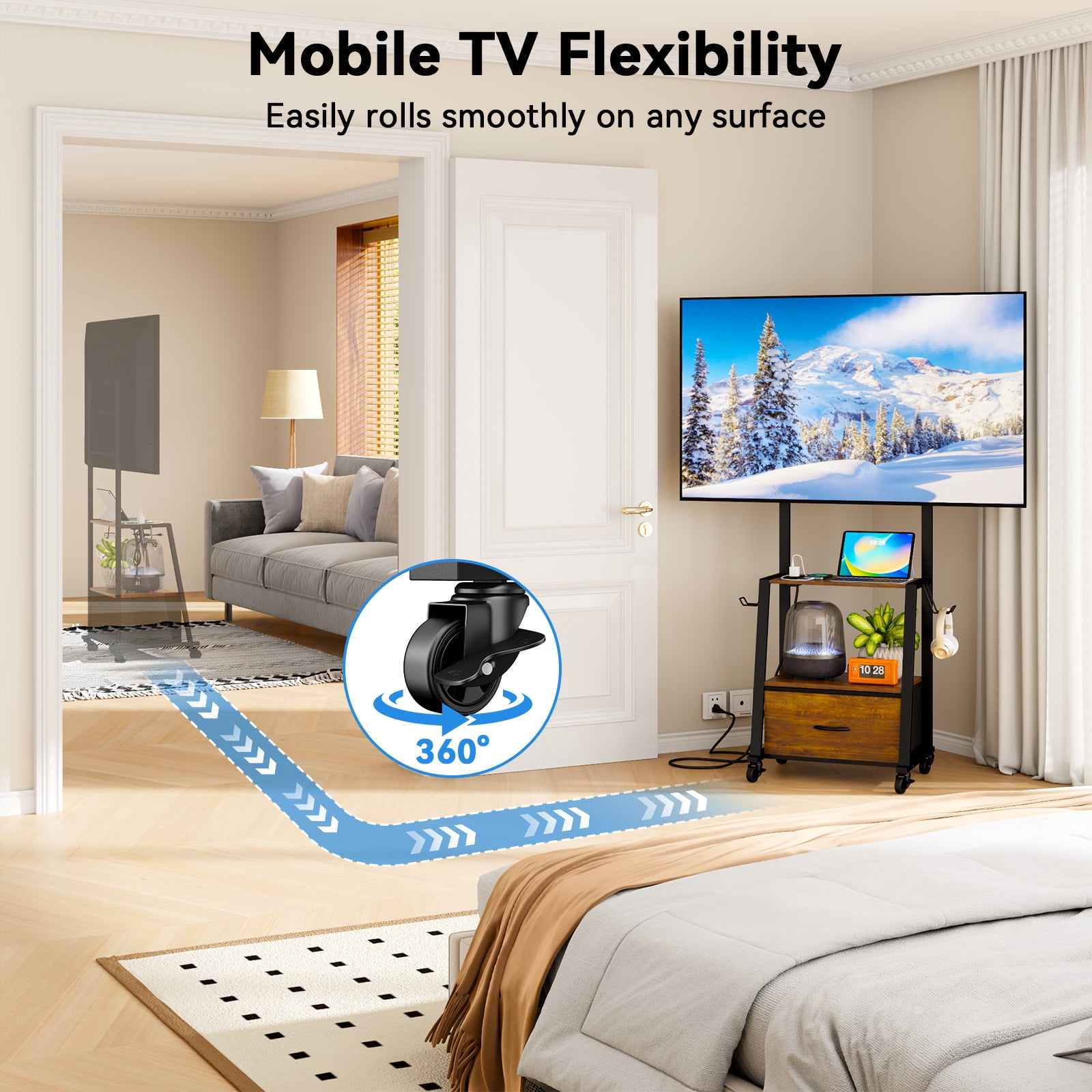 Rolling TV Stand Cart with Wheels for TVs up to 32-55 inch,Portable TV Stand,Mobile TV Cart for Bedroom