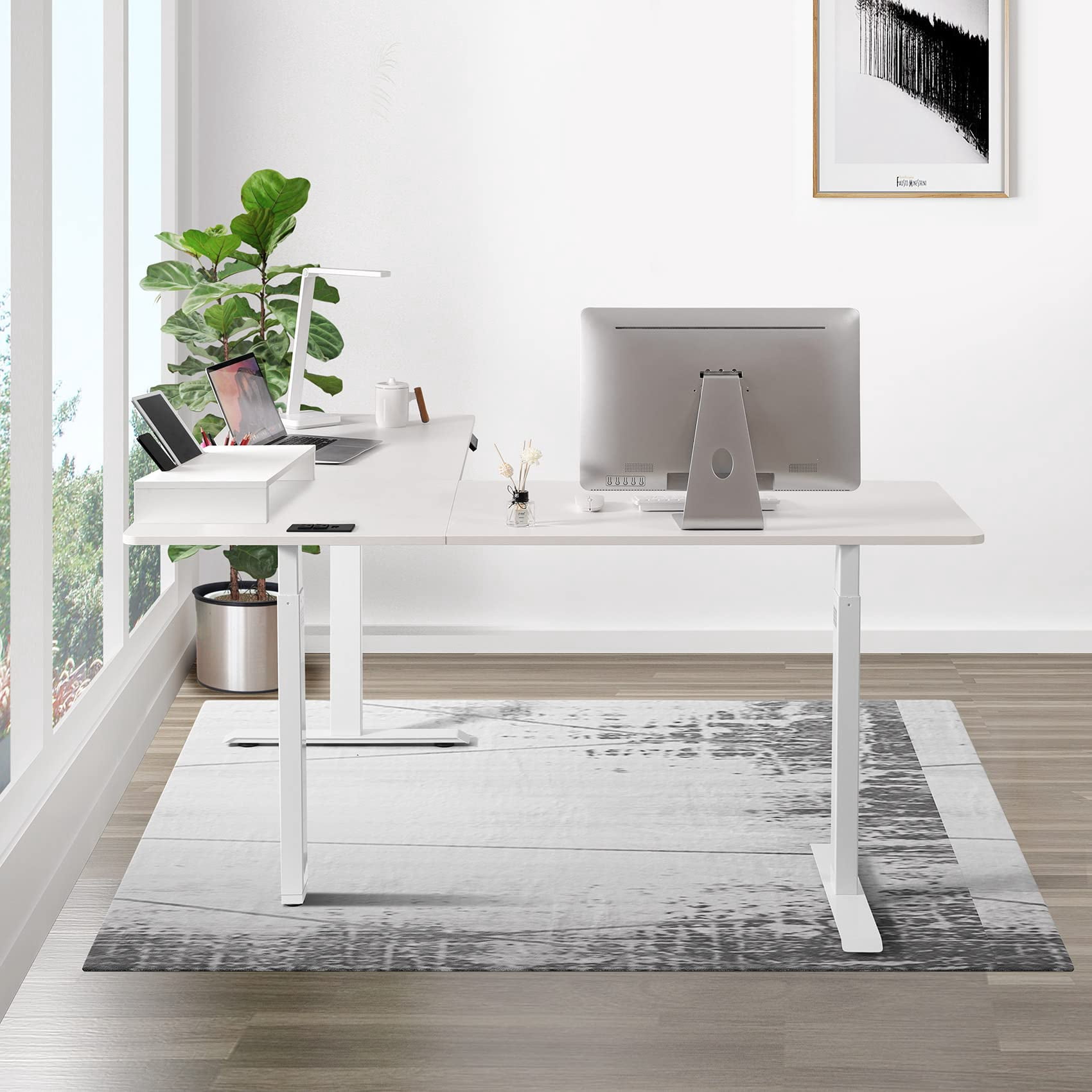 UNICOO® L-Shaped Triple Motor Electric Height Adjustable Standing Desk - Gaming & Home Office Corner Desk, with Easy Touch Control & Solid Steel Construction (White Top/White Frame - XOT-L3E-WW)