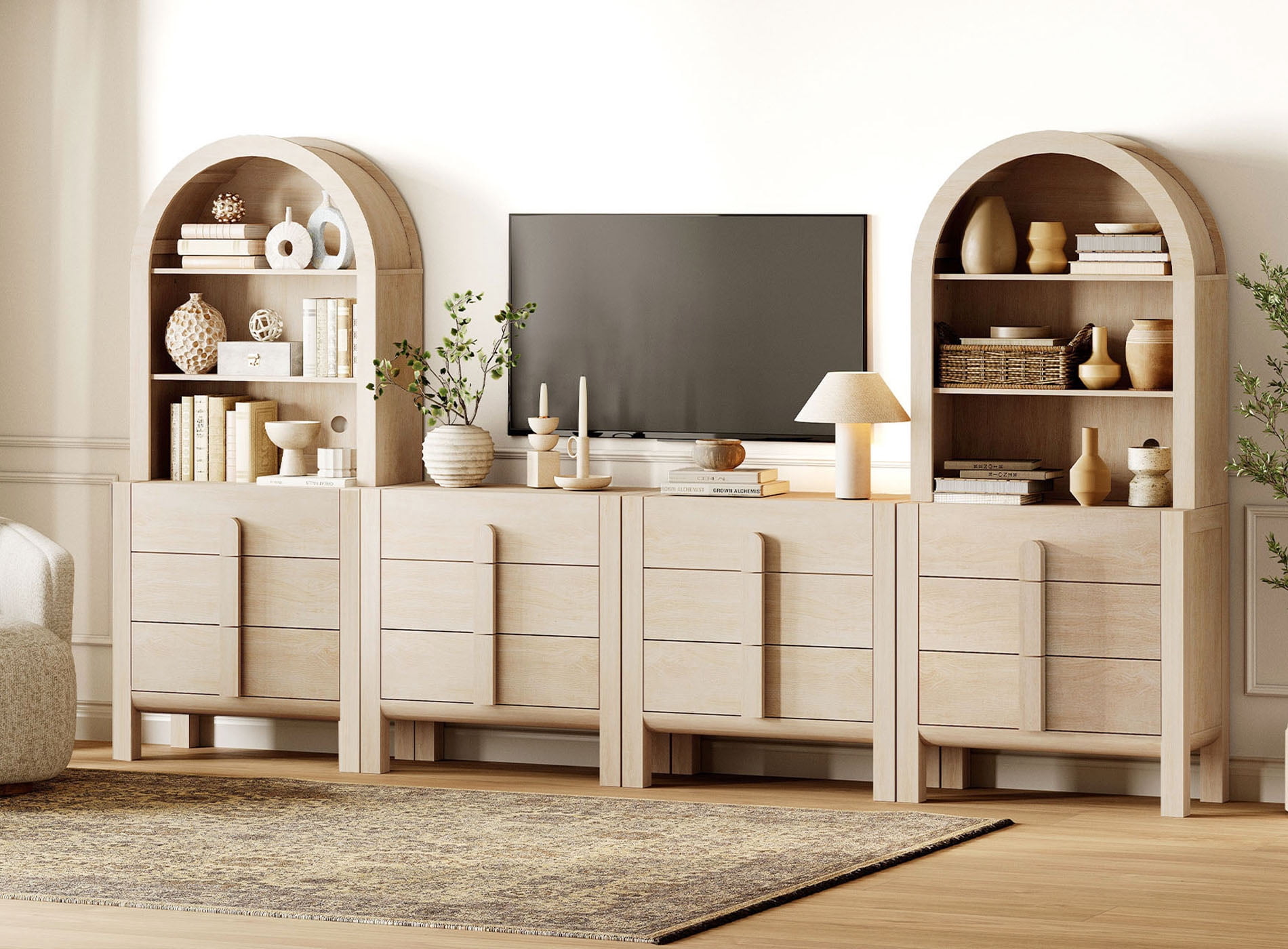 126" Mid-Century Modern TV Stand with Bookshelves for Tvs Up to 70", Large Entertainment Center with Storage Cabinet, TV Console with 12 Drawers For Living Room, Bedroom