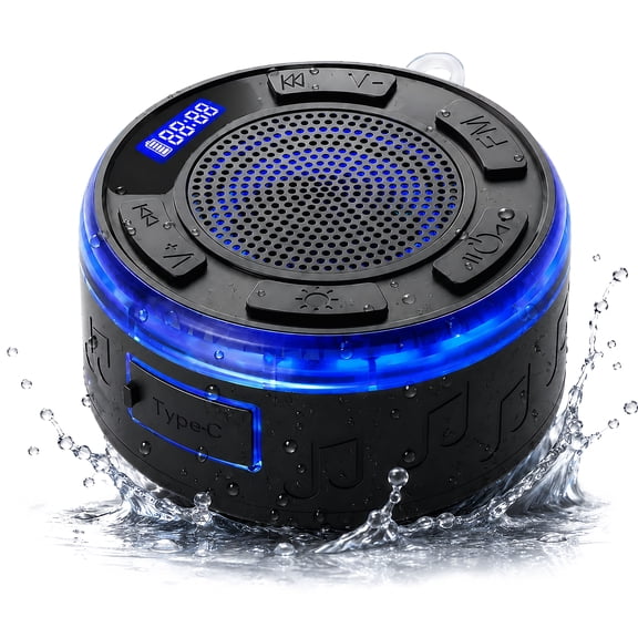 STARBIAO IPX7 Waterproof Shower Bluetooth Speaker, Portable Wireless Speaker with Suction Cup, Bluetooth 5.3, LED Clock, RGB Light, FM Radio, TWS Pairing, 360° Sound, Black