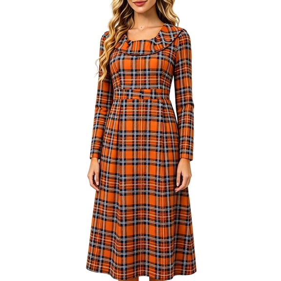 JUUNthy Women Plaid Midi Dress, Ruffle Collar Long Sleeve High Waist Pleated A-Line Vintage Casual Flowy Dress Orange XL