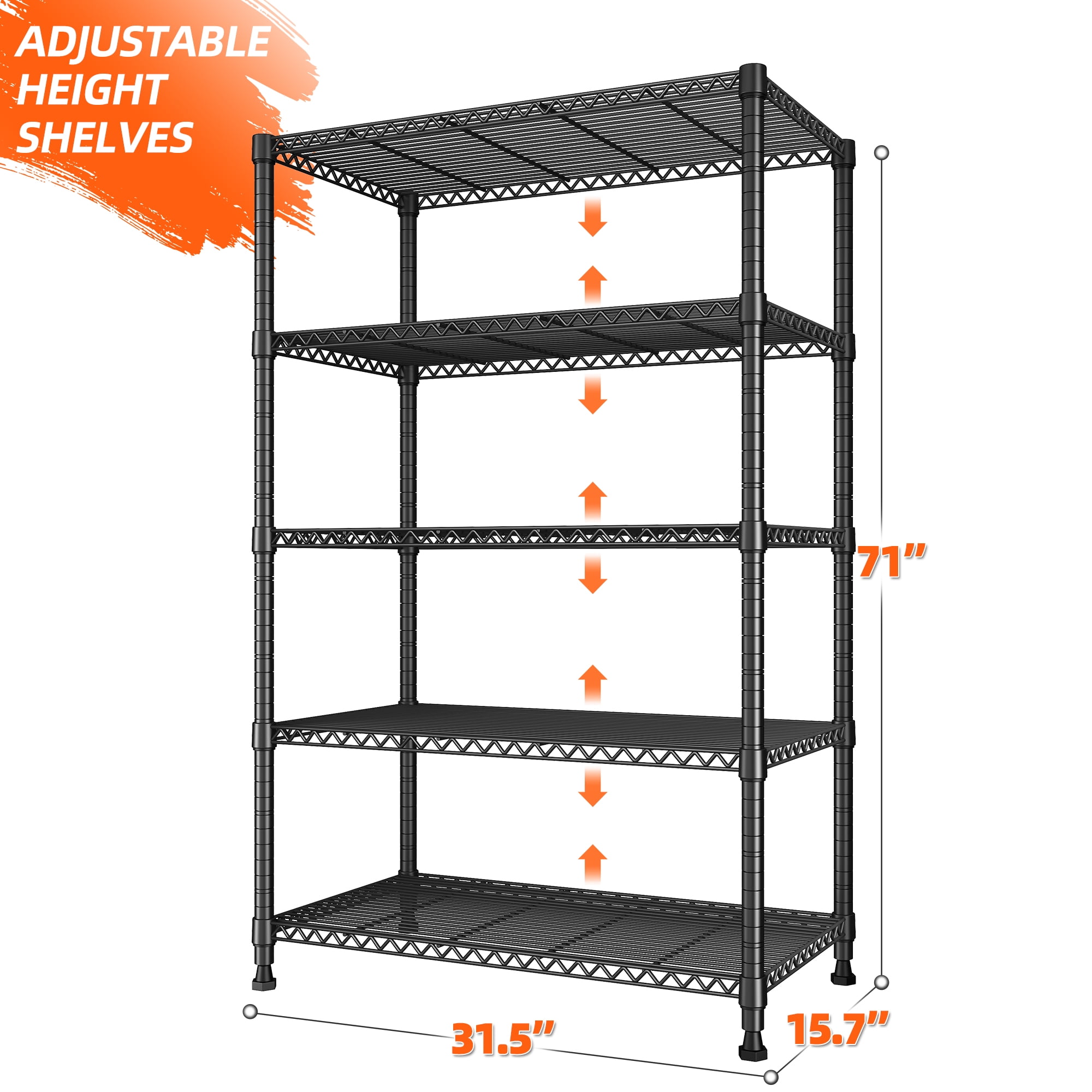 Reibii Wire Shelving Unit Adjustable Storage Metal Rack, Black, 5 Tier, 31.5 “Wx15.7”D x71”H
