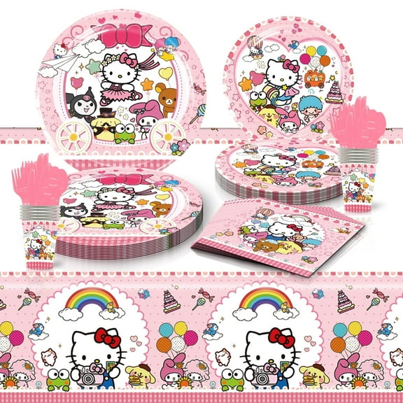 81 Pcs Hello Anime Kitty  Party Tableware Set, Birthday Party Supplies, Table Cover,Paper Plates, Napkins, Cups, Knives, Spoons and Forks