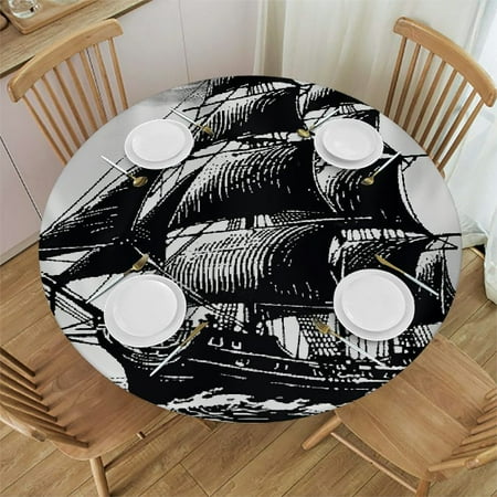 

Orinice Ship Ocean Black and White Round Table Cover Stain Resistant Washable Perfect for Indoor Outdoor Tablecloth Kitchen Dining Wedding Parties with Elastic Edge 100% Polyester Fiber 42-46