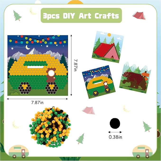 CORNER LACE Camping Theme DIY Pom Pom Art Set for Kids Age 3-6 Years Old 3 Pieces - Fun Arts and Crafts, Sensory Activity Creativity Birthday Christmas Gift Includes 3 Patterns