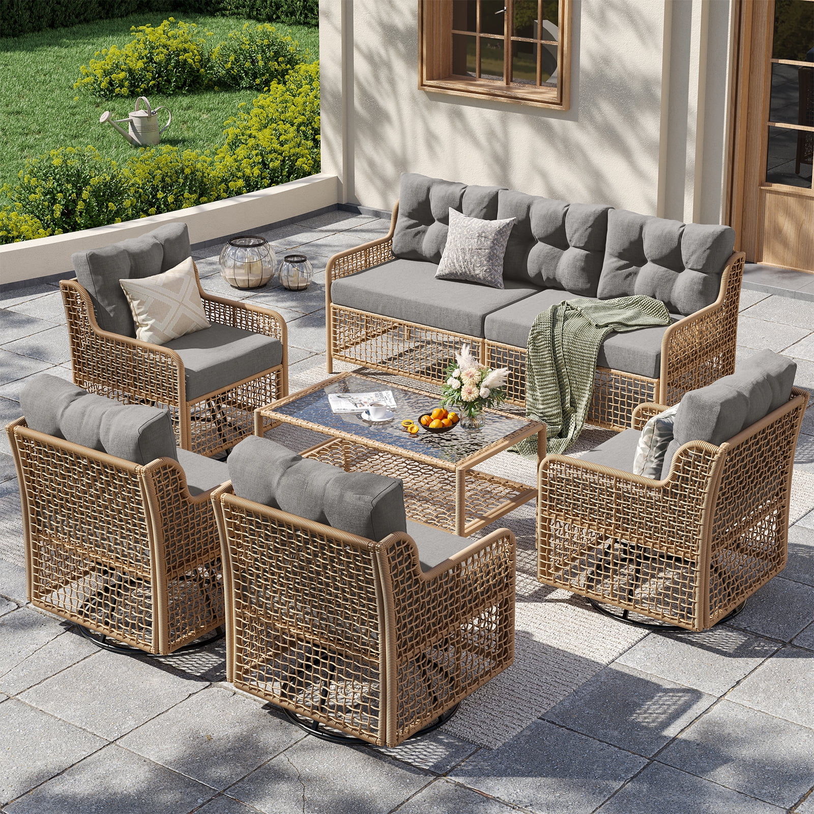 ELPOSUN 7-Seat Outdoor Patio Furniture Set, Wicker Rattan Outdoor Furniture Set with Swivel Chairs & All-Weather Thickened Cushions for Garden, Porch, Backyard, and Poolside, Gray