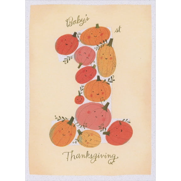 Designer Greetings Cute Pumpkins on Top of Sparkling White Number One Baby's 1st / First Thanksgiving Card