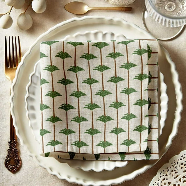 Vargottam Green Tree Print Cotton Muslin Napkins - Set of 12, 20-Inch, Luxurious Soft Cloth Napkins for Dining & Events, Absorbent, Washable & Tableware