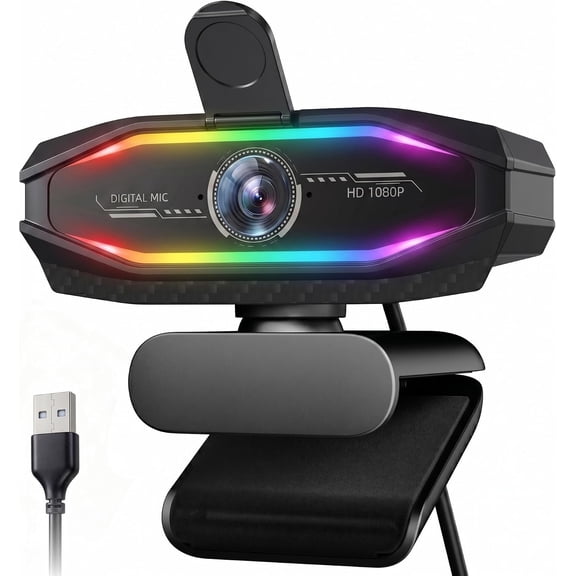 1080P Gaming Webcam with Microphone,Streaming Camera Web Cam with RGB Light,Noise Cancellation, Cover,Plug and Play, Camera for Desktop/Laptop,Video Calls/Conferencing/Streaming