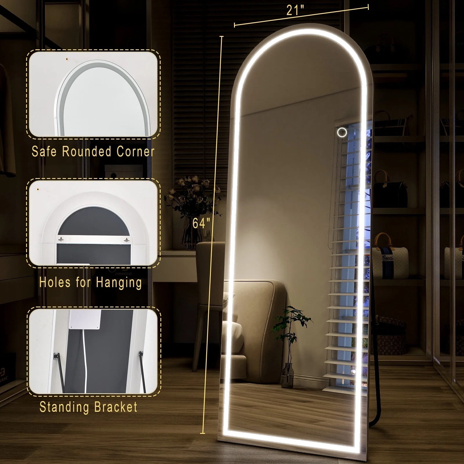 BEAUTYPEAK 64"x21" LED Arched Full Length Mirror Freestanding Full Body Mirror