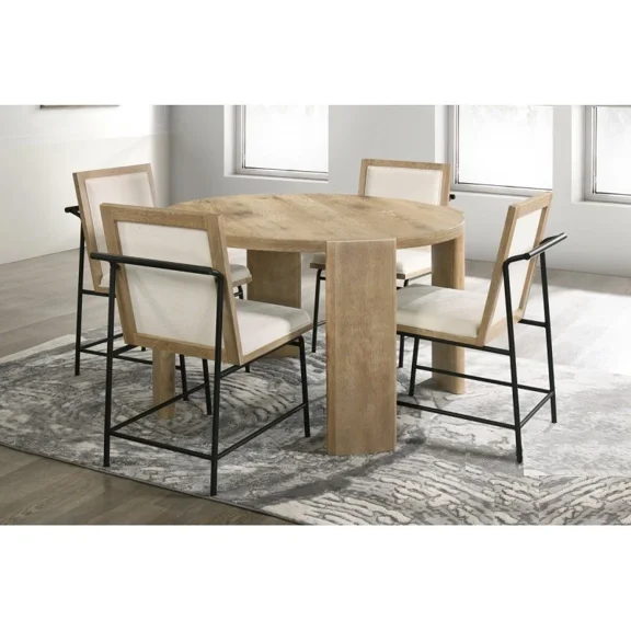 Classic 5 Piece Dining Set, Oak Wood Round Dining Table with 4 Upholstered Side Chairs, Beige/Brown