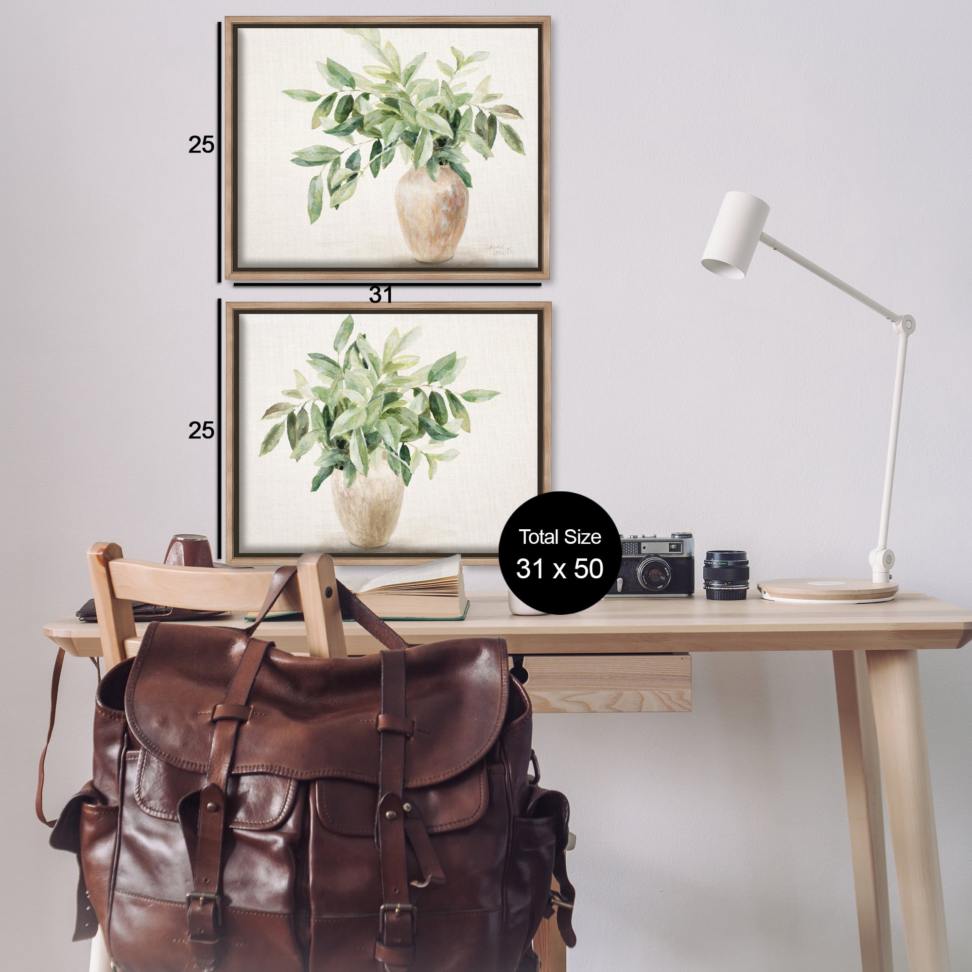 Stupell Industries Vase of Hardy Green Foliage Plants & Flowers Painting Brown Floater Framed Canvas Art Print Wall Art, 31 x 25, Set of 2