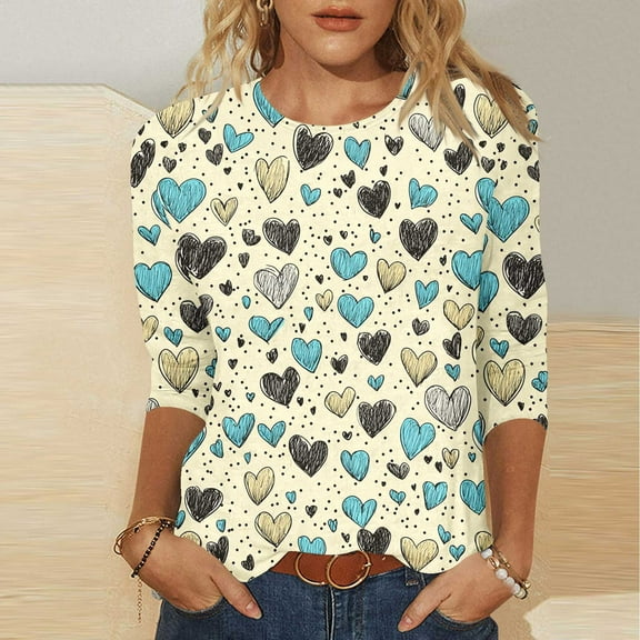 Gamivast Valentines Day Sweatshirts for Women Plus Size 3/4 Sleeve Cute Heart Love Graphic Blouse Holiday Casual Crew Neck Tunic Trendy Tees