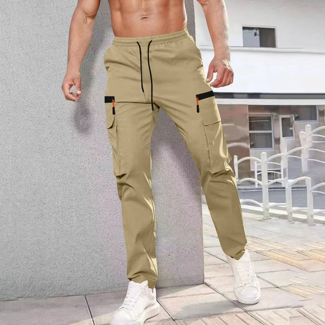 LOVZFMLL Cargo Pants for Men's Solid Color Casual Elastic Waistband Drawstring Pocket Workwear Pants