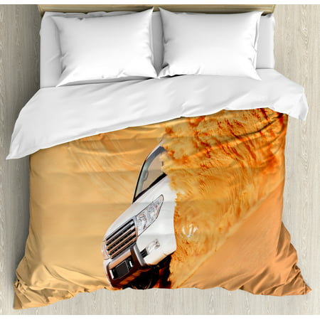 Desert Decor King Size Duvet Cover Set, Suv Truck Pick Up Big Car with Huge Wheels Driving through the Sand Hills, Decorative 3 Piece Bedding Set with 2 Pillow Shams, White Yellow, by