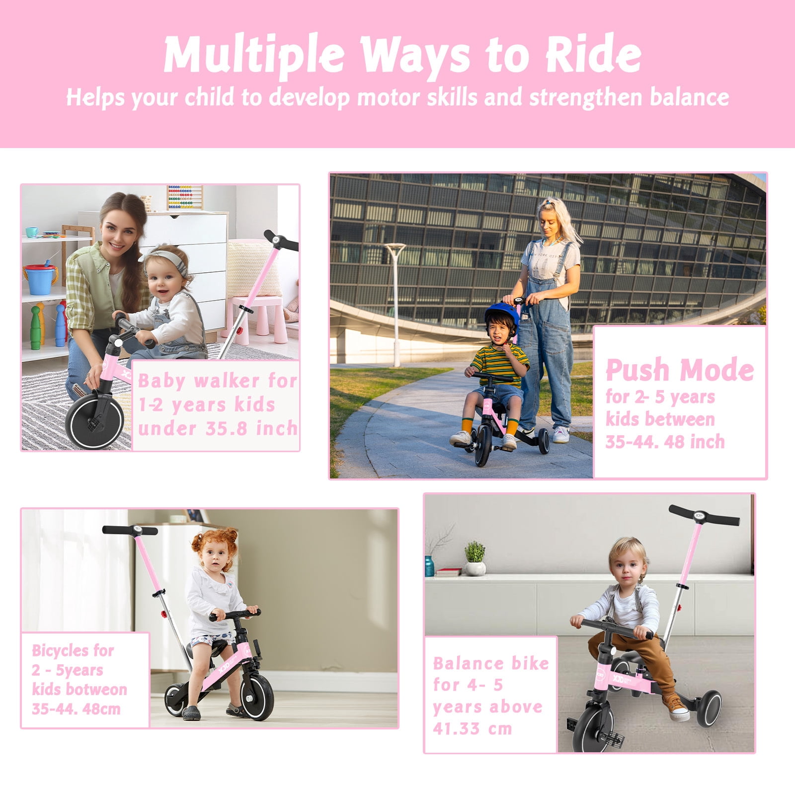 XJD 7 in 1 Toddler Tricycle with Push Handle,Toddler Bike for 1-3 Years Old Boy Girl, Toddler Push Tricycle, Baby Bike Balance Bike with Adjustable Seat Height and Removable Pedal