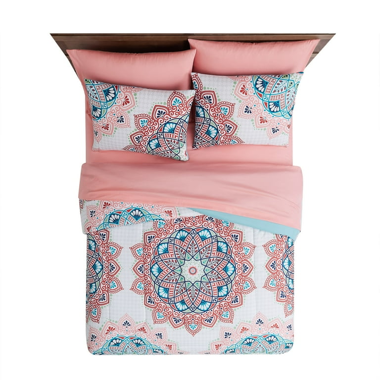 Mainstays Pink and Teal Medallion 8 Piece Bed in a Bag Comforter