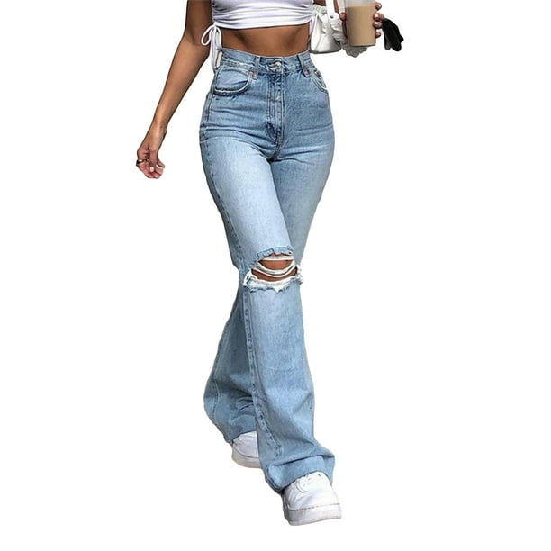 Women Stretch Flared Denim Jeans Ladies High Waist Ripped Long Pants  Trousers US