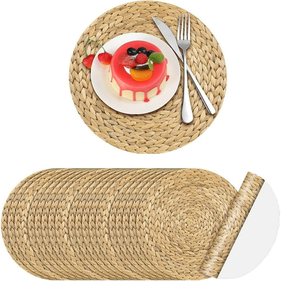 100 Pcs Disposable Printed Woven Paper Placemats Bulk 11 Inch Round Wicker Printed Chargers Place Mat Farmhouse Braided Rattan Tablemats for Wedding Dinner Party(Light Brown)