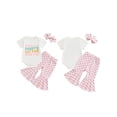 thumbnail image 3 of Aojekbee Baby Girls Summer Outfit Letter Print Short Sleeves Romper and Plaid Flare Pants Headband 3 Piece Clothes, 3 of 10