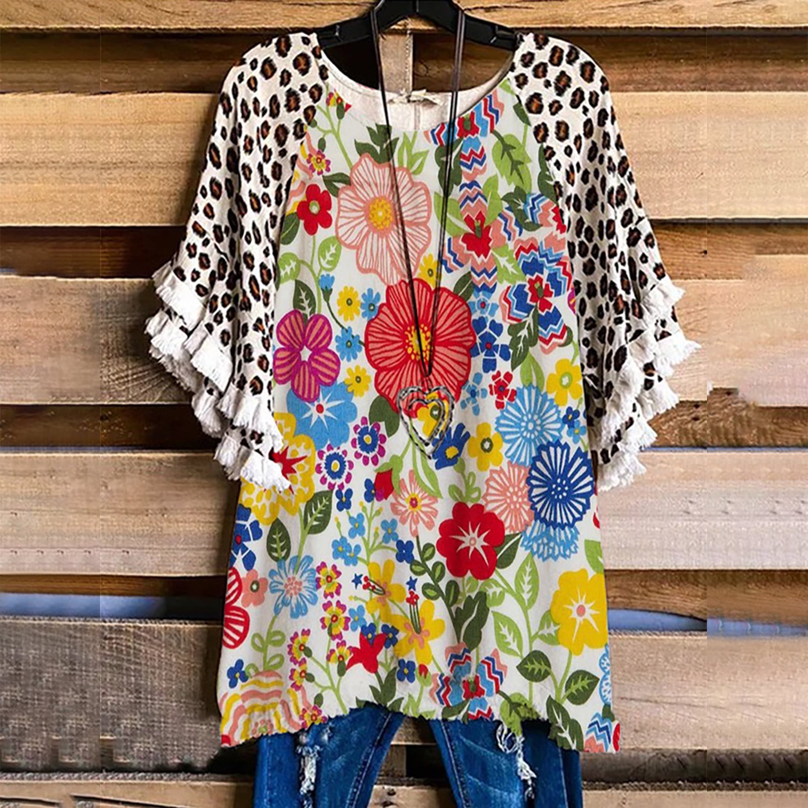 Summer Womens Plus Size Tunic Blouses Floral Print Henley Cover Loose ...