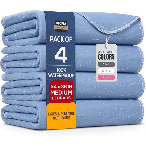 Washable Underpads 34" x 36" (Pack of 4), Waterproof Reusable Heavy Absorbency Incontinence Bed Pads for Adults, Kids, Elderly and Pets, Bedwetting Sofa Couch (Blue)