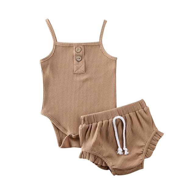 Mialoley Ensemble de 2 Pcs pour Bébé Fille, Combinaison à Bretelles Tricotées + Short