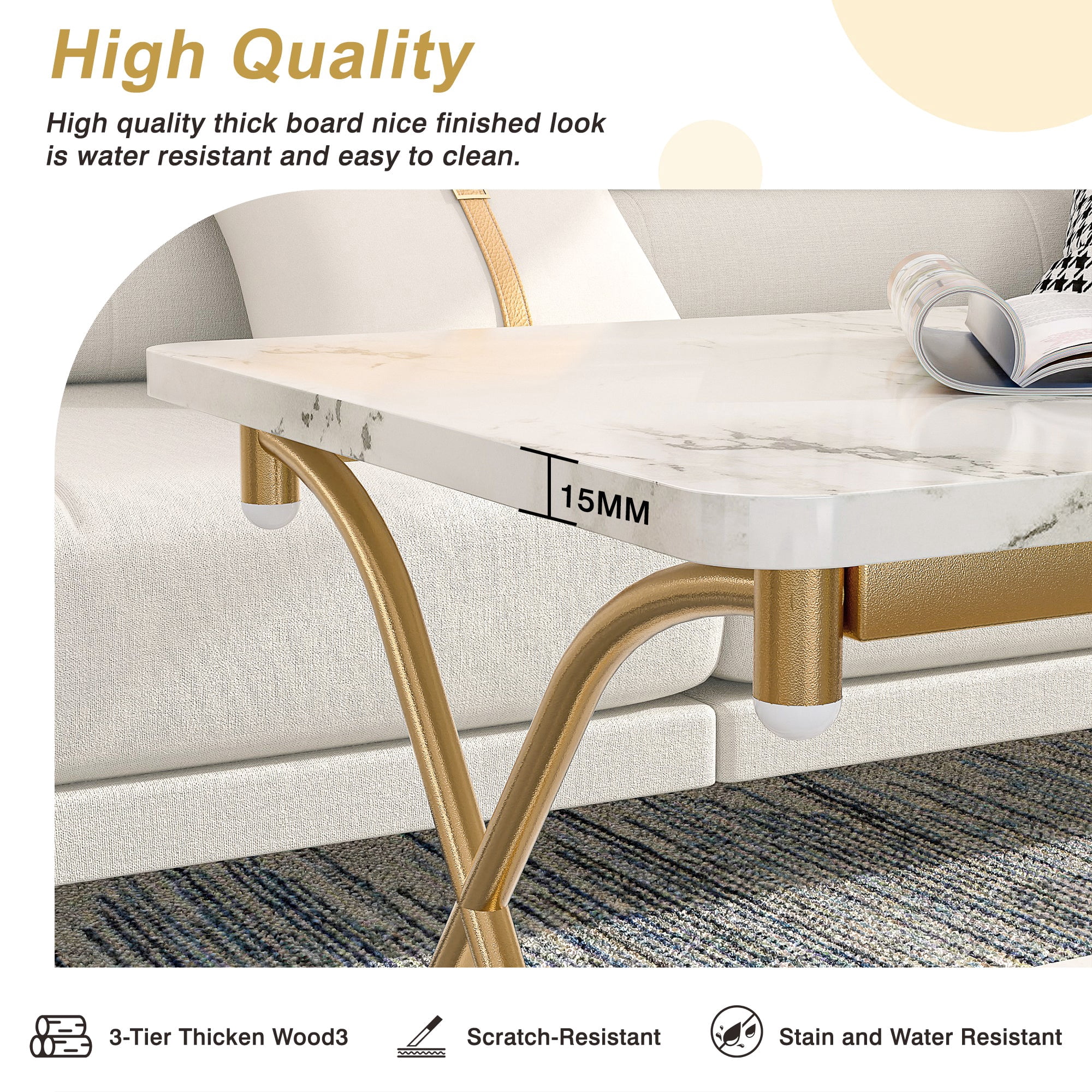 VECELO Rectangle Coffee Table with Storage Shelf, Modern X-Design Side Metal Frame for Living Room Office, White & Gold