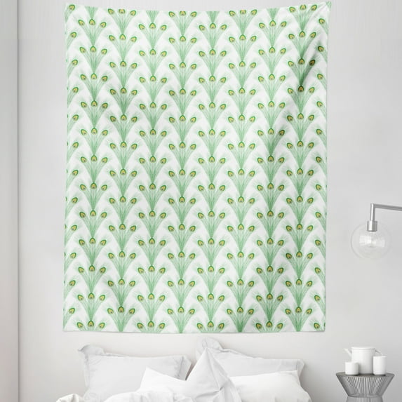 Feather Tapestry, Bohemian Pattern with Long Peacock Bird Plumes, Fabric Wall Hanging Decor for Bedroom Living Room Dorm, 5 Sizes, Shamrock Green Mustard, by Ambesonne