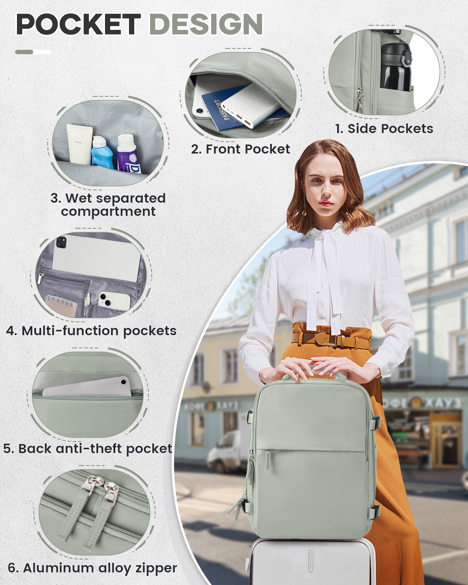 Travel Airback Backpack with Vacuum Compression, Waterproof Travel Backpacks with Air Pump, Large 18×14×8 inch Personal Item Bag United Airlines Approved, Vacuum Seal Backpack Gray Green