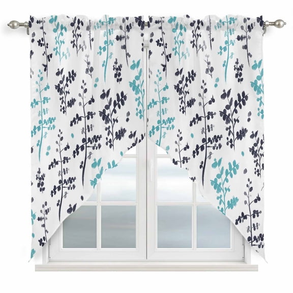 Swag Valance Curtains for Windows, Aqua Grey Botanical Light Filtering Kitchen Curtains with Rod Pocket, Watercolor Spring Floral Summer Leaf Window Treatment Valances for Living Room, 36x63 - 2 PCS