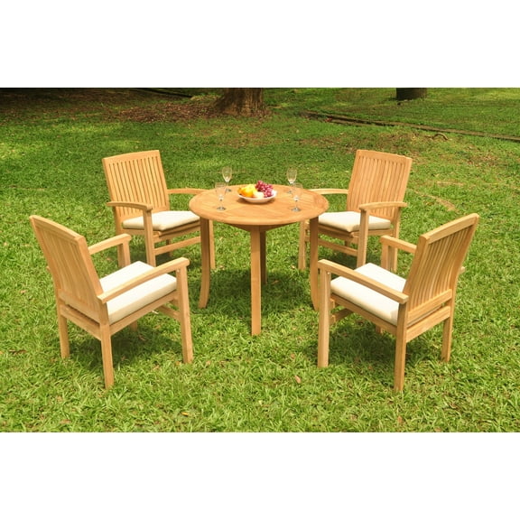 Grade-A Teak Dining Set: 4 Seater 5 Pc: 36" Round Table And 4 Wave Stacking Arm Chairs Outdoor Patio WholesaleTeak #WMDSWVf