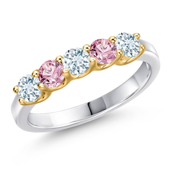 Gem Stone King 10K Two Tone Gold Sky Blue Aquamarine and Pink Lab Grown Diamond Wedding-Bands Ring for Women | 0.87 Cttw | Round 3.5MM | Gemstone March Birthstone | Size 7