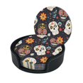 thumbnail image 2 of 6 Pce Leather Coasters 3.9in With Coasters Storage Box Antifouling And Antiscalding For Dining Room Kitchen Office Bedroom Living Room Festive Cute Sugar Skulls (3), 2 of 8