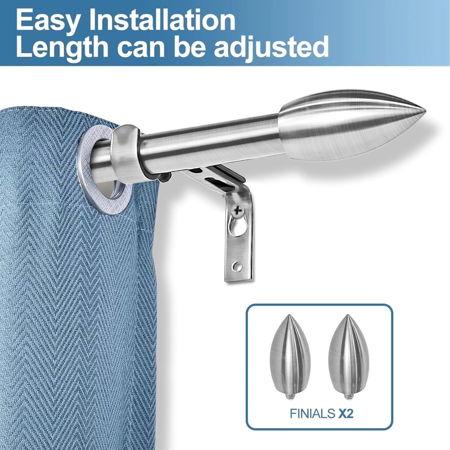 Urbanest Adjustable Single Curtain Rod Set Bullet Finials – 5/8-Inch Diameter, With Brushed Steel Rod, 48–84 Inches