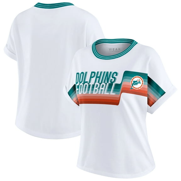 Women's WEAR by Erin Andrews White Miami Dolphins Cropped Center Stripe Dolman T-Shirt