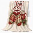 thumbnail image 2 of Wrapped up in love mittens cocoa holly snowflakes pine sprigs hearts cream Flannel Blanket for sofa bedroom Christmas cocoa night cozy lounge Home Decor romantic winter Gift for her, 2 of 9