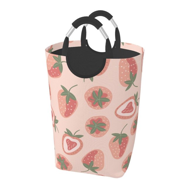 DouZhe 50L Rectangular Laundry Basket, Pink Doodle Strawberries Prints Waterproof Foldable Laundry Hamper with Aluminum Handles