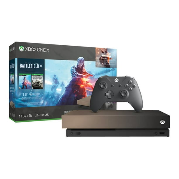 Microsoft Xbox One X Gold Rush Special Edition Battlefield V Bundle Game Console 4k Hdr 1 Tb Hdd Battlefield V Deluxe Edition Battlefield 1943 Battlefield 1 Revolution Walmart Com