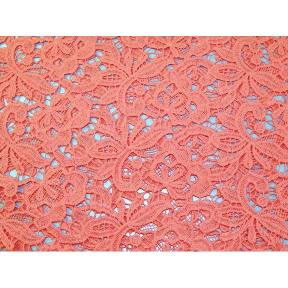 Minerva Embroidered Lace Fabric Bright Coral - per yard