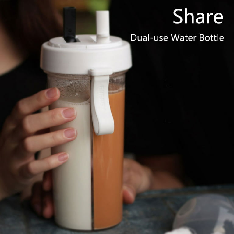 Ludlz Portable Double Straw Independent Drink 2-in-1 Leak-Proof Couple Cup Children's Cup Double-Sided Water Bottle Double-Layer Water Bottle Double