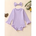 thumbnail image 2 of xiaxaixu Baby Girls Fall Outfits Crew Neck Romper Long Sleeve Solid Color Ruffle Romper with Headband, 2 of 9
